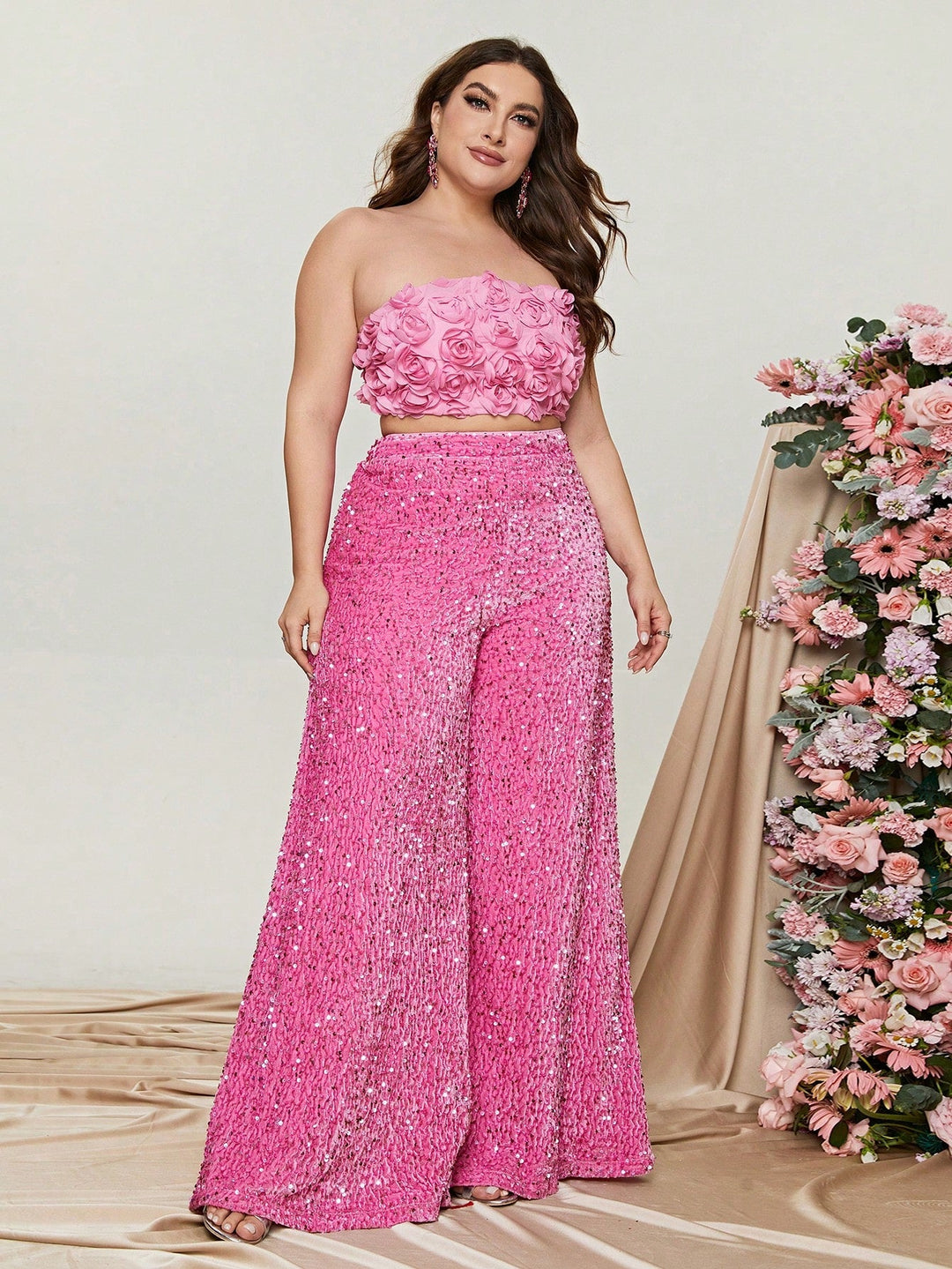 Women's Sequin Wide-Leg Two-Piece Set with Floral Appliqué