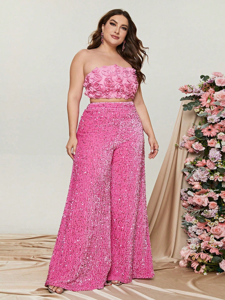 Women's Sequin Wide-Leg Two-Piece Set with Floral Appliqué