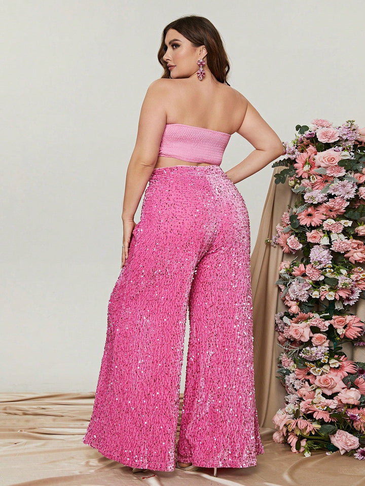 Women's Sequin Wide-Leg Two-Piece Set with Floral Appliqué