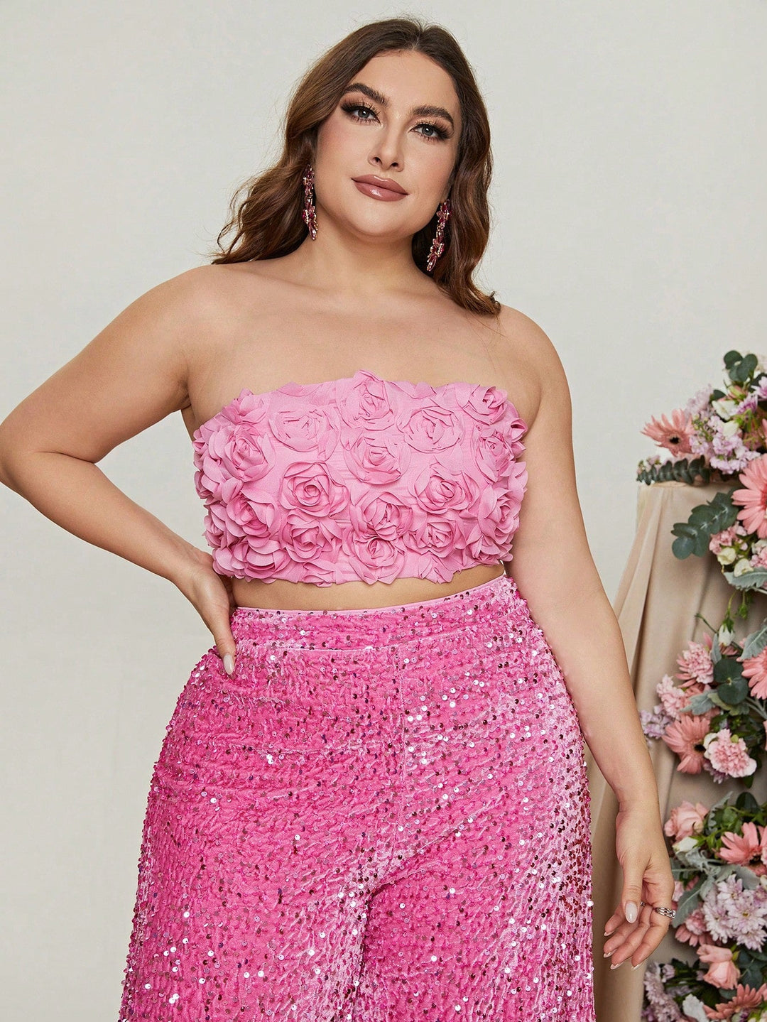 Women's Sequin Wide-Leg Two-Piece Set with Floral Appliqué