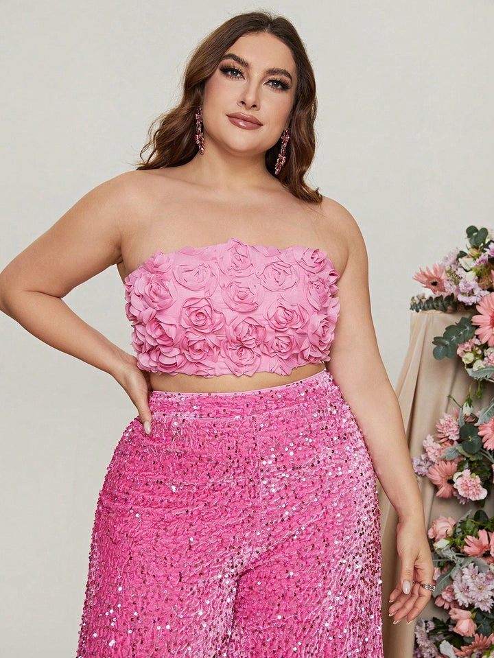 Women's Sequin Wide-Leg Two-Piece Set with Floral Appliqué