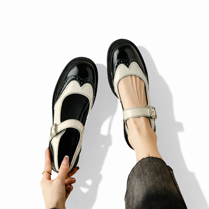 Women’s Rounded Toe Strap Flats with Contrast Panel and Buckle Detail