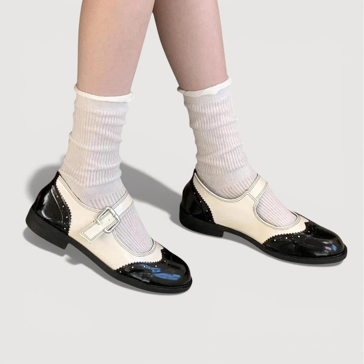 Women’s Rounded Toe Strap Flats with Contrast Panel and Buckle Detail