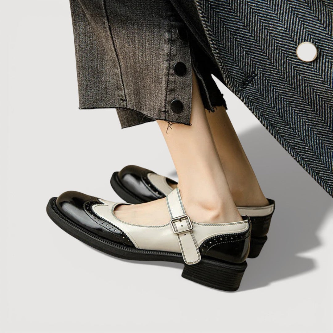 Women’s Rounded Toe Strap Flats with Contrast Panel and Buckle Detail