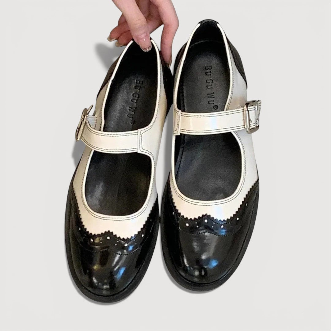 Women’s Rounded Toe Strap Flats with Contrast Panel and Buckle Detail