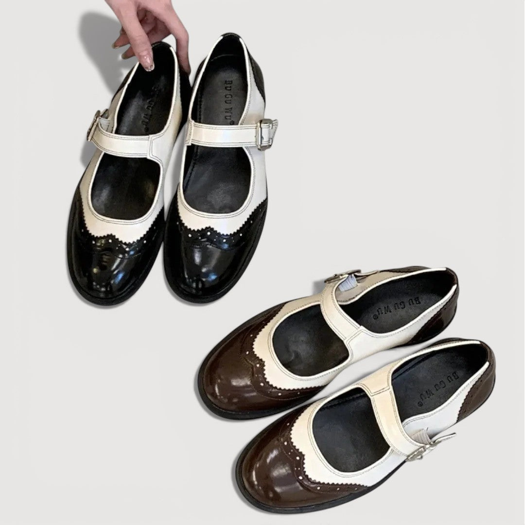 Women’s Rounded Toe Strap Flats with Contrast Panel and Buckle Detail