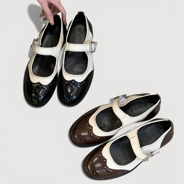 Women’s Rounded Toe Strap Flats with Contrast Panel and Buckle Detail