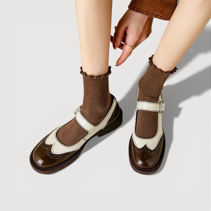 Women’s Rounded Toe Strap Flats with Contrast Panel and Buckle Detail