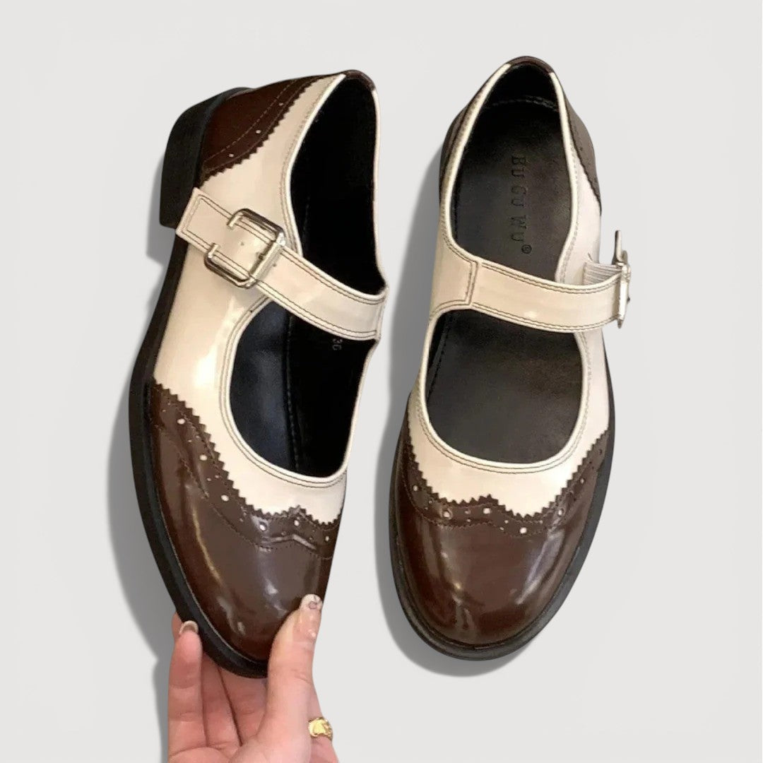 Women’s Rounded Toe Strap Flats with Contrast Panel and Buckle Detail