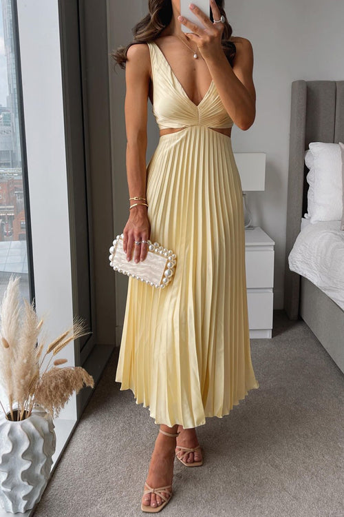 Women’s V-Neck Cut-Out Waist Sleeveless Pleated Maxi Dress