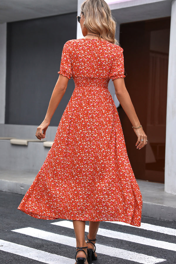 Women’s V-Neck Short Sleeve Printed Smocked Maxi Dress