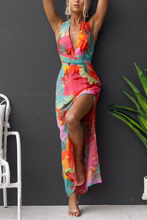 Women’s V-Neck Sleeveless Floral Print Maxi Dress with Side Slit and Tie Back