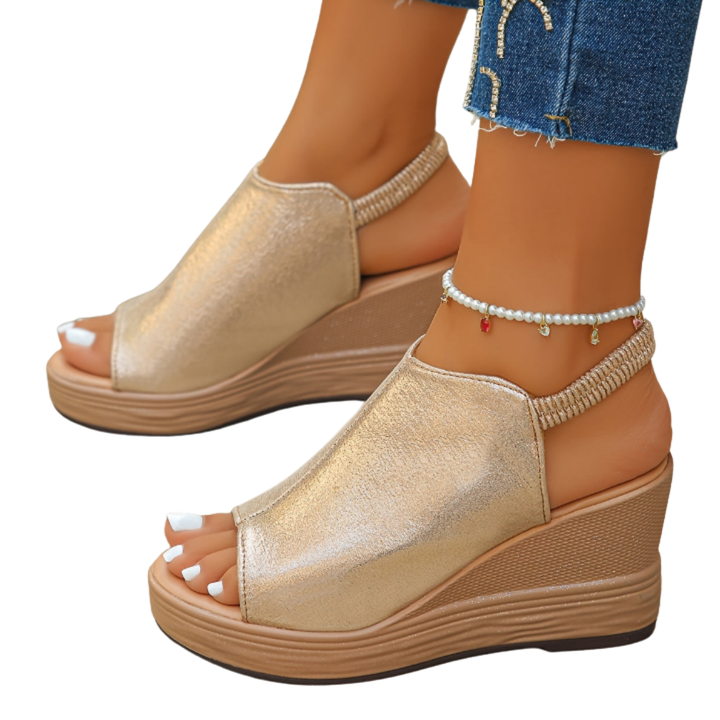 Women's Open Toe Wedge Platform Sandals with Rhinestone Slingback