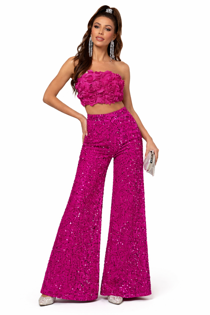 Women's Sequin Wide-Leg Two-Piece Set with Floral Appliqué