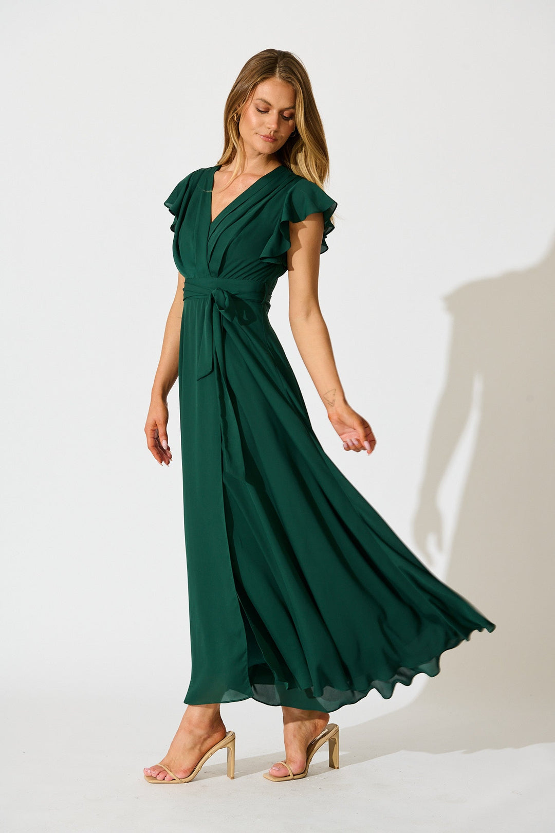 Women's Wrap Maxi Dress with Flounce Sleeves and Tie Waist