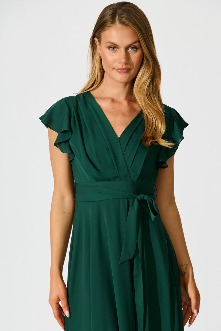 Women's Wrap Maxi Dress with Flounce Sleeves and Tie Waist