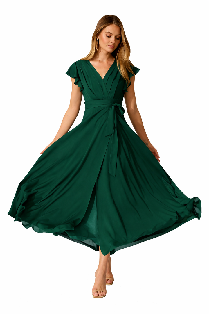 Women's Wrap Maxi Dress with Flounce Sleeves and Tie Waist