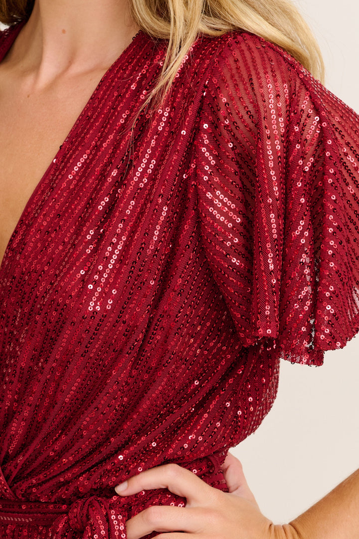 Women’s Pleated Sequin Wrap Bodice Tie Waist Mini Dress