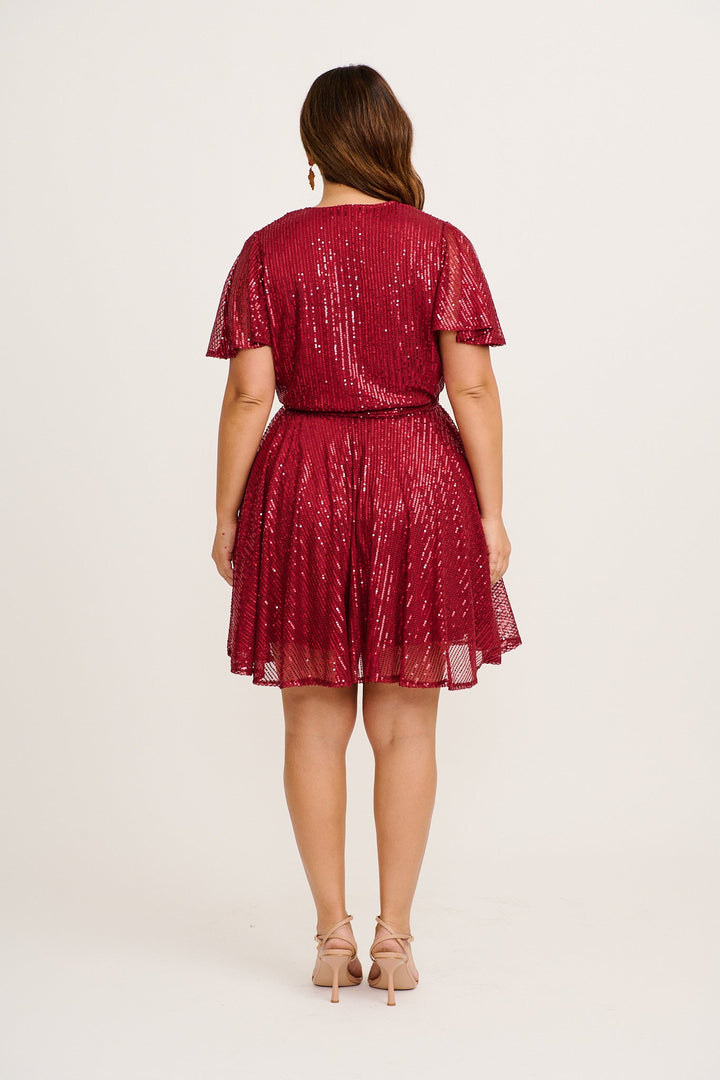 Women’s Pleated Sequin Wrap Bodice Tie Waist Mini Dress