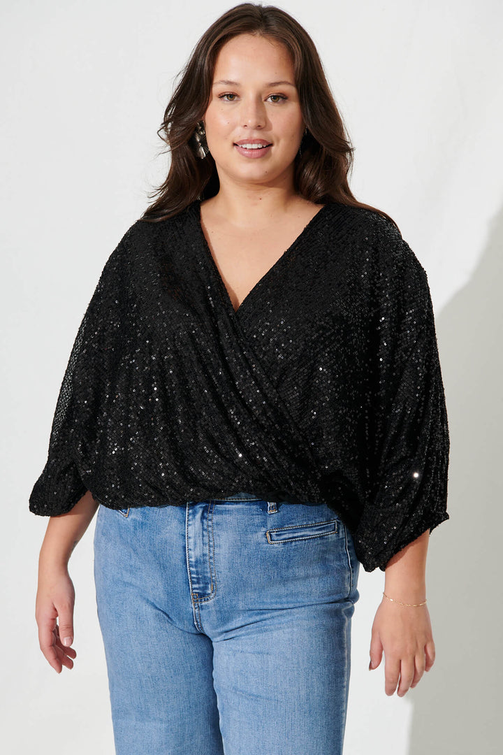 Women’s Draped Wrap Front Batwing Sleeve Sequin Blouse
