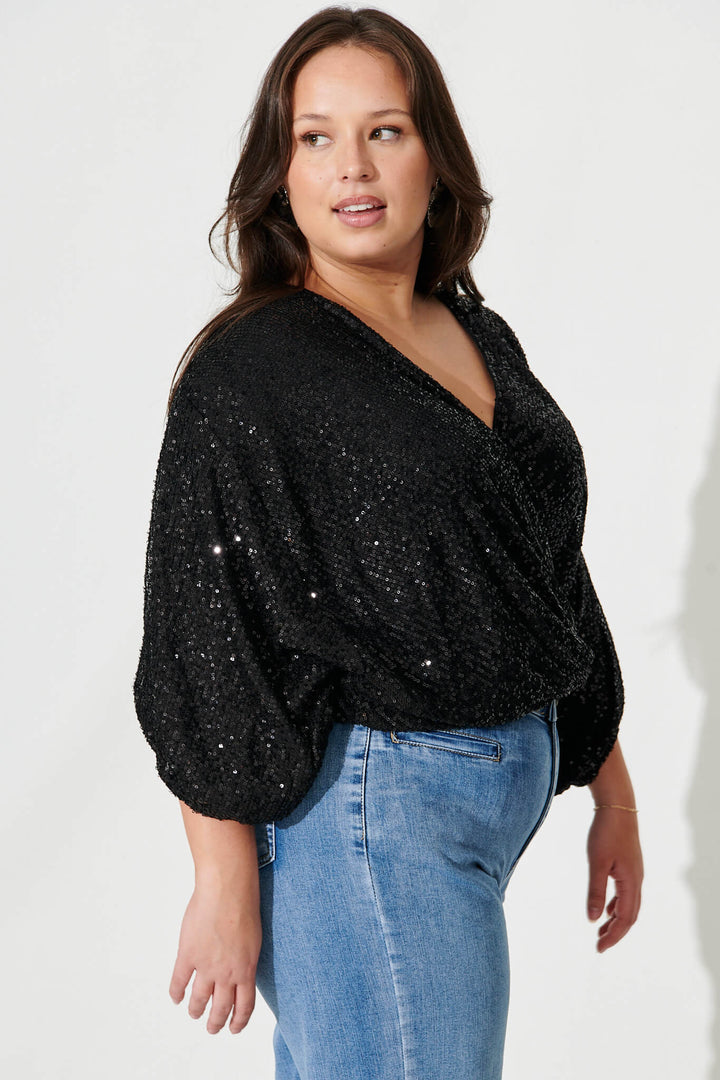 Women’s Draped Wrap Front Batwing Sleeve Sequin Blouse
