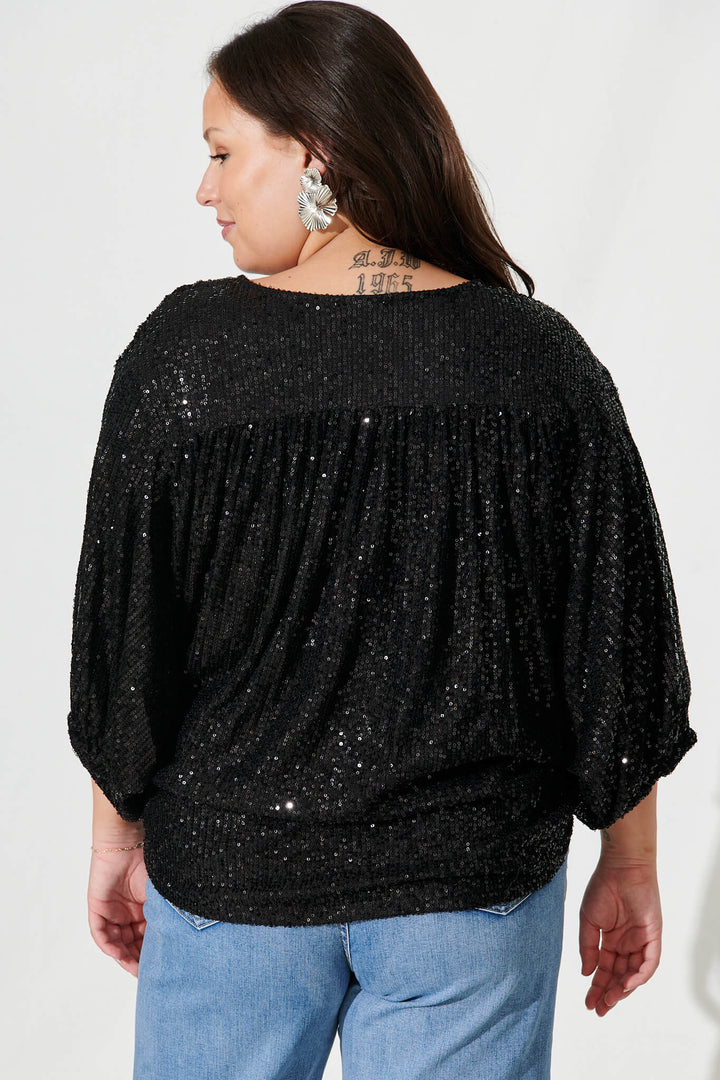 Women’s Draped Wrap Front Batwing Sleeve Sequin Blouse