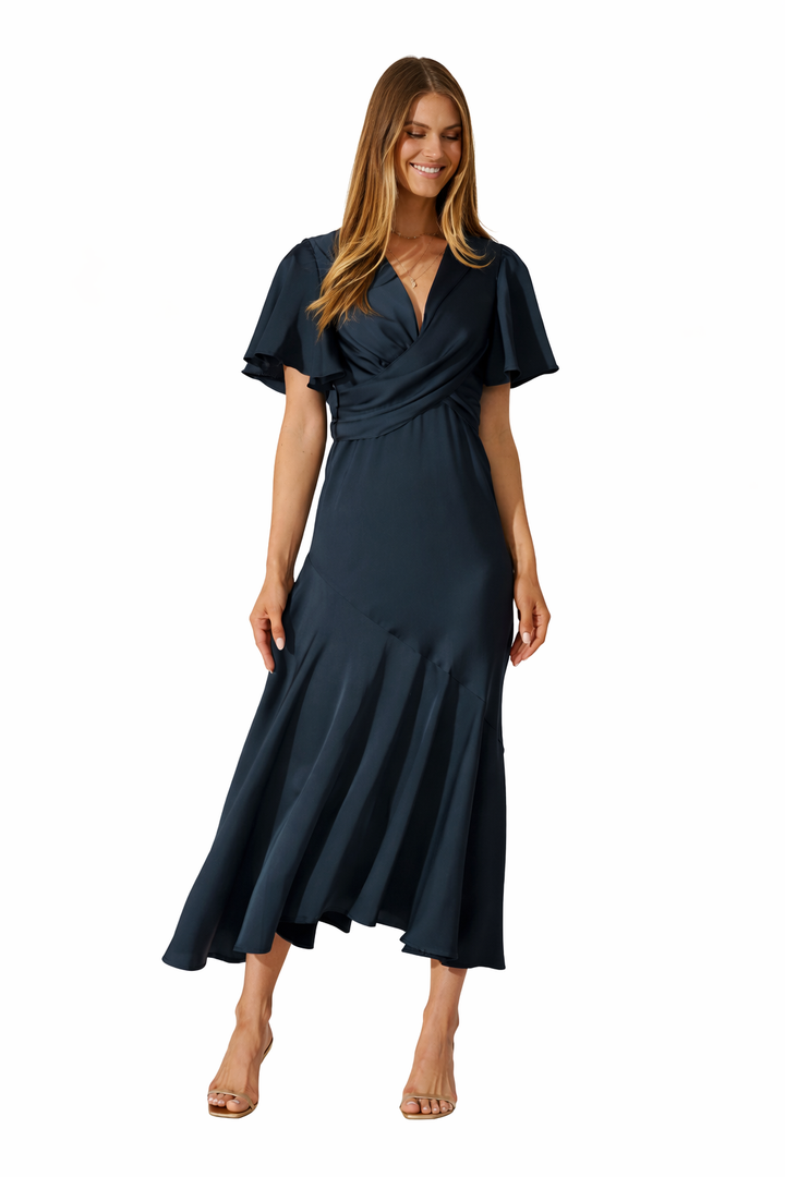 Women’s Wrap Front Flutter Sleeve Asymmetric Panel Midi Dress