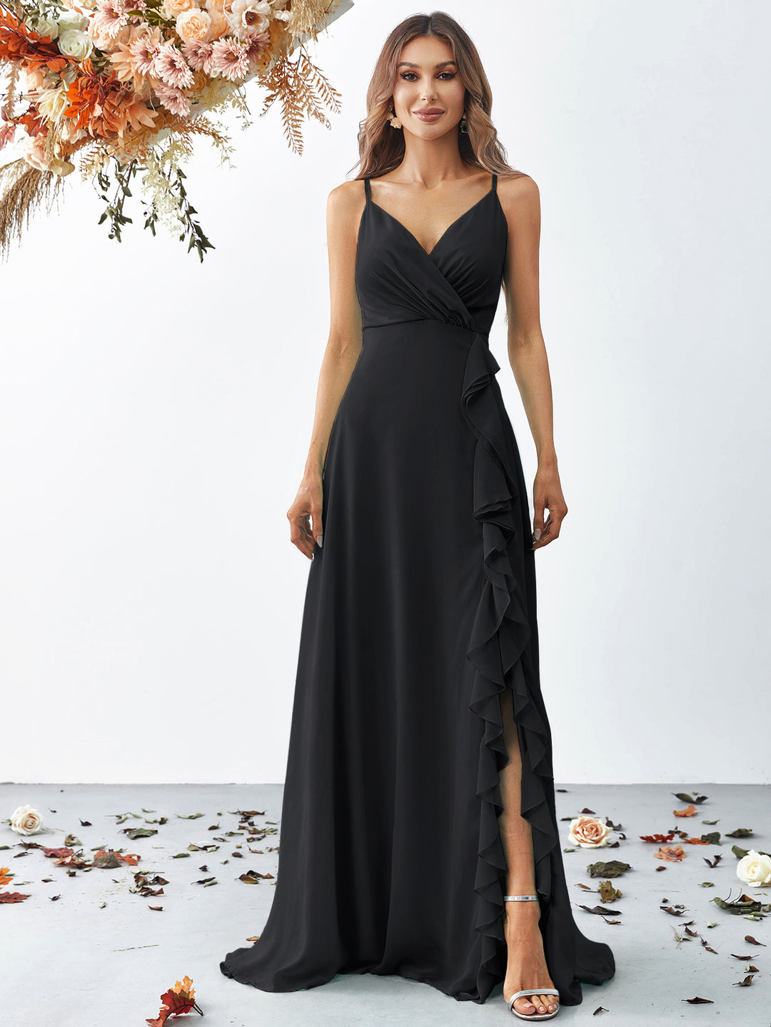 Women's Wrap Maxi Dress with Spaghetti Straps and Ruffle Slit