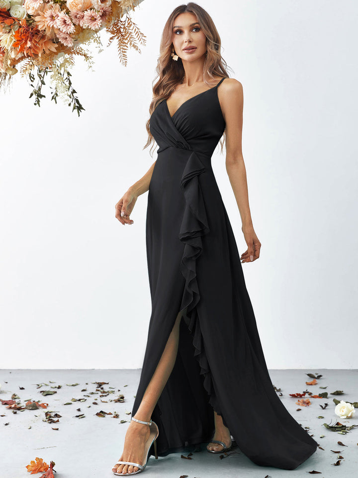 Women's Wrap Maxi Dress with Spaghetti Straps and Ruffle Slit