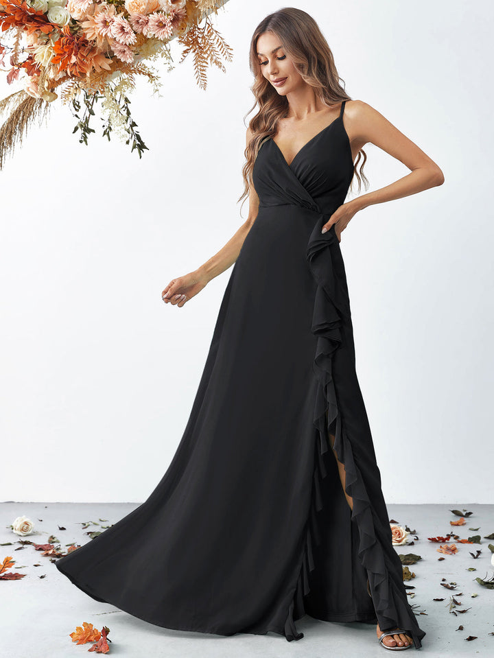 Women's Wrap Maxi Dress with Spaghetti Straps and Ruffle Slit