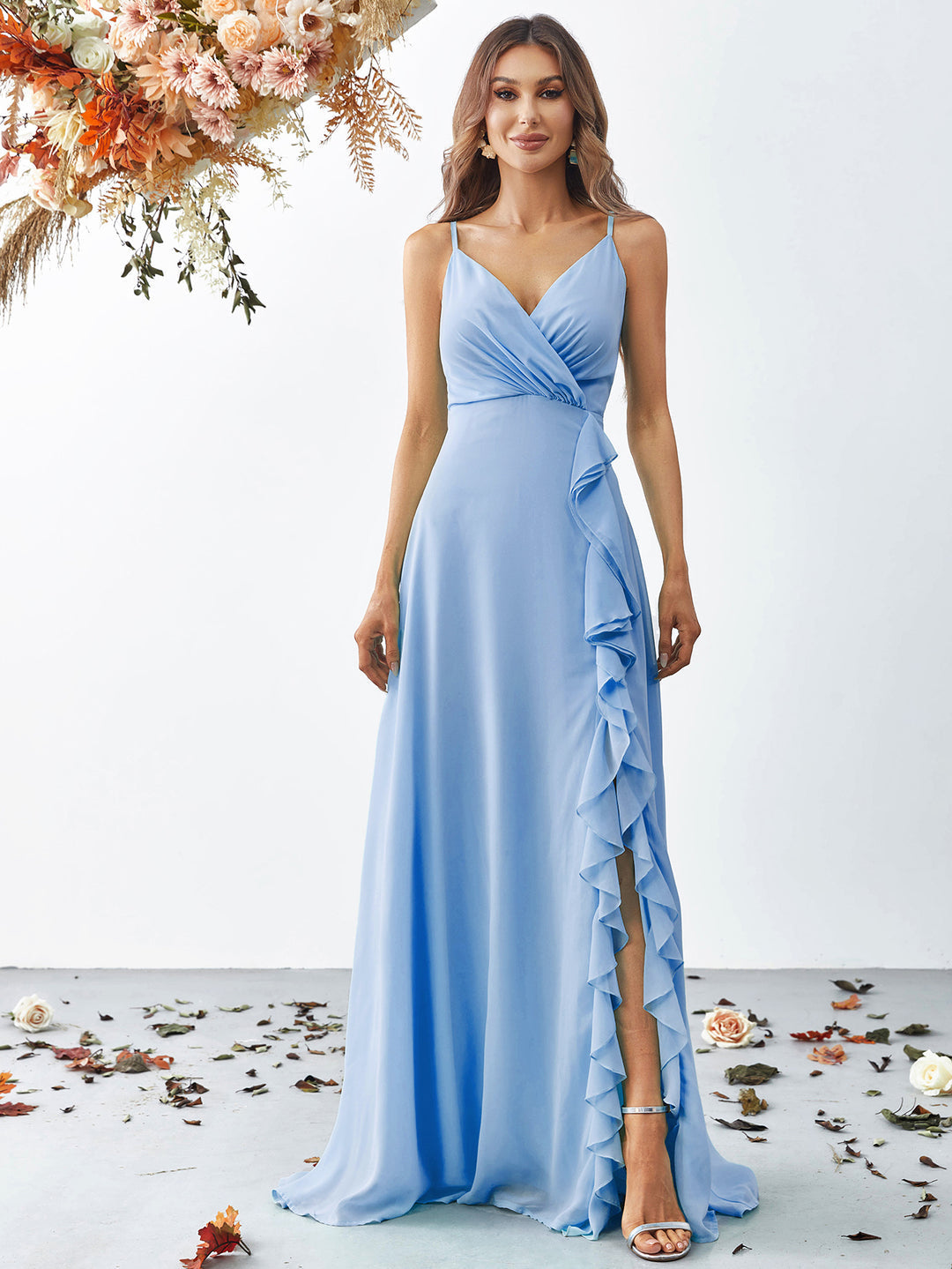 Women's Wrap Maxi Dress with Spaghetti Straps and Ruffle Slit