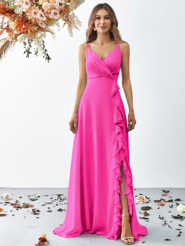 Women's Wrap Maxi Dress with Spaghetti Straps and Ruffle Slit