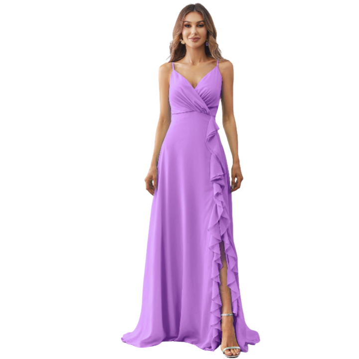 Women's Wrap Maxi Dress with Spaghetti Straps and Ruffle Slit