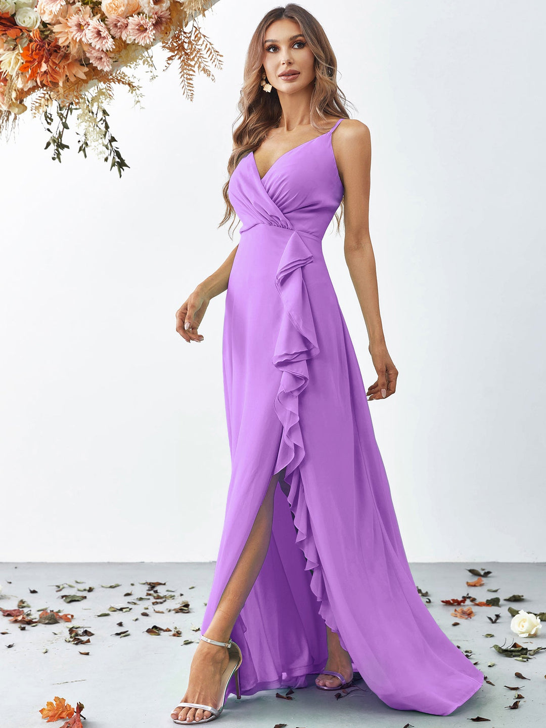 Women's Wrap Maxi Dress with Spaghetti Straps and Ruffle Slit